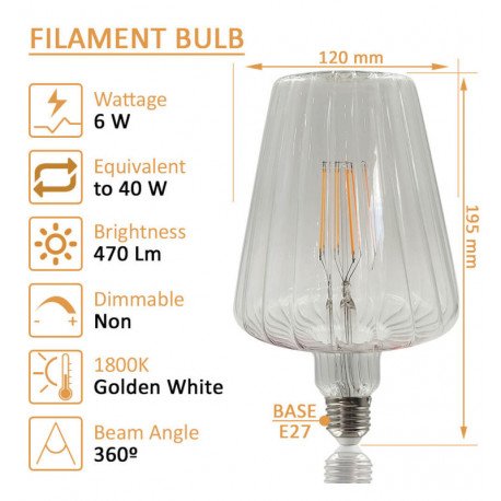 Ledlamp filamente 6W E27 amber decoratief kegelvormig BIG Ø120mm