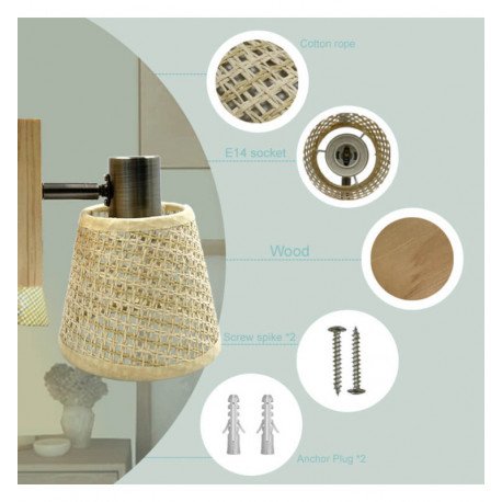 Wandlamp led SKI E14 met rieten kap en houten voet