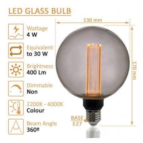 LED lamp 4W E27 G125 rookglas (kristal) decoratief