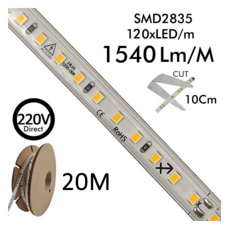 Tira LED 220V 14W/m IP67 exterior 20m SMD2835 120LED/m
