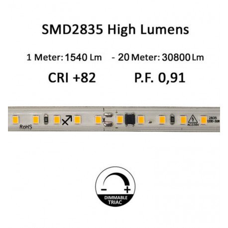 Ledstrip 220V 14W/m IP67 voor buiten 20m SMD2835 120 led/m