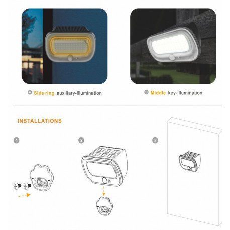 Aplique LED solar con sensor PIR y luz 5700K+amarillo