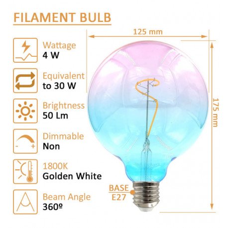 Bombilla LED filamento 4W E27 G125 ámbar para decoración