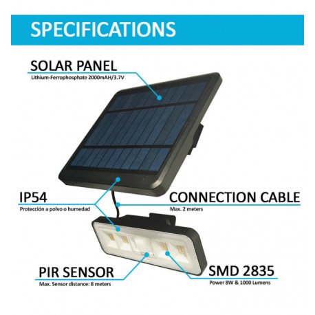 Aplique LED Solar 1000Lm con sensor PIR desmontable 4000K