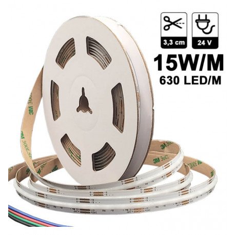 Tira LED 24V RGB COB 15W/m para interior, 5m, IP20