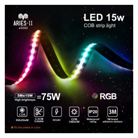 Ledstrip 24V RGB COB 15W/m voor binnen, 5m, IP20