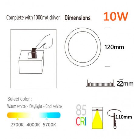 Downlight LED 10W circular empotrable CCT acero inox