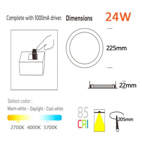 LED downlight slim 24W rond RVS CCT 205 mm